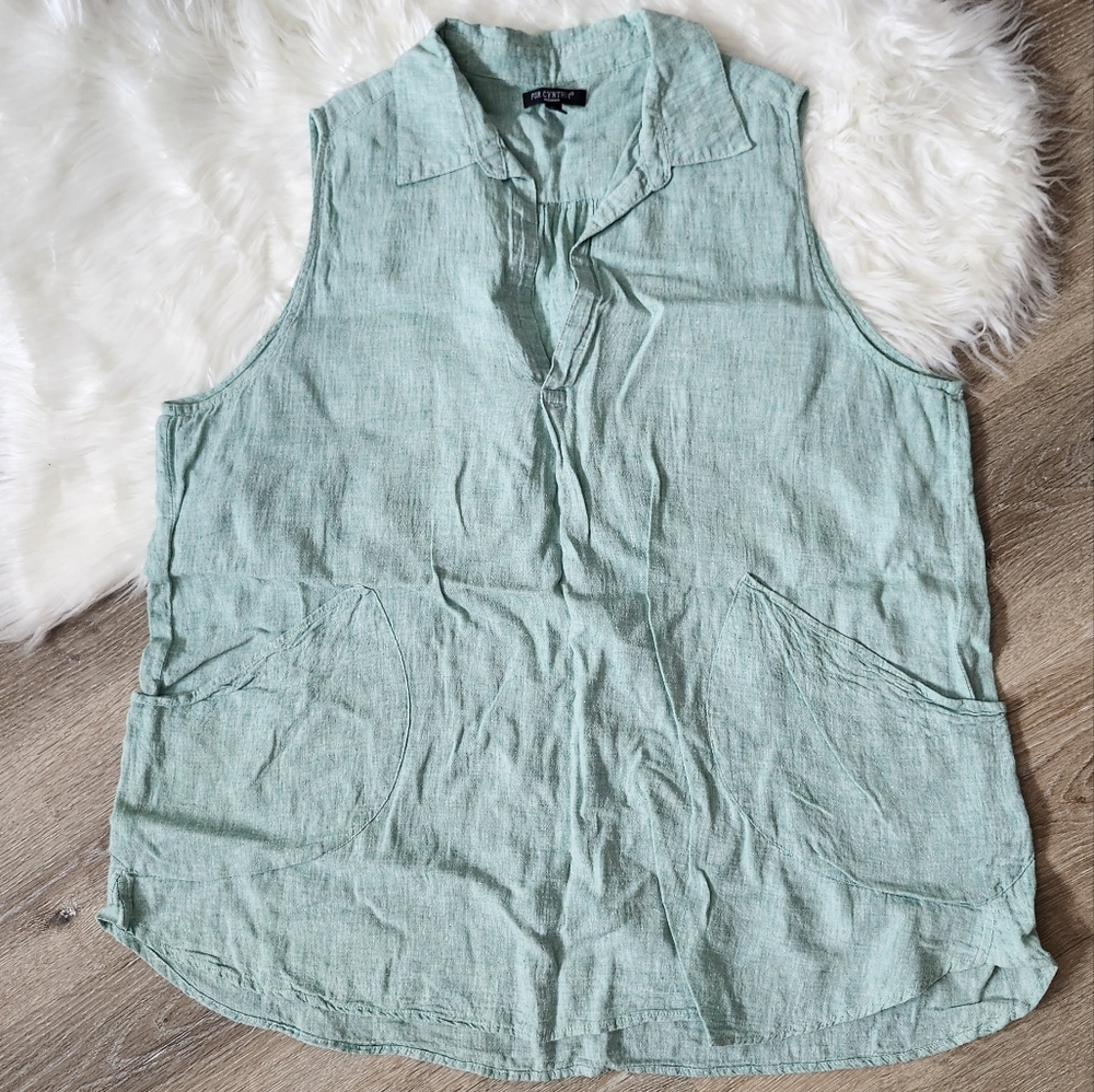 For Cynthia Linen blend Light Green Sleeveless Top blouse